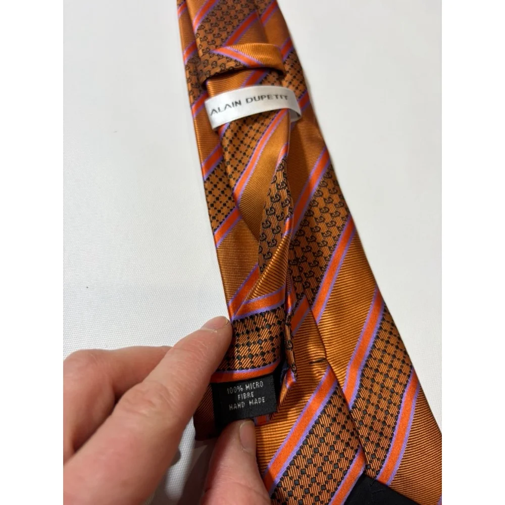 Alain Dupetit Orange Striped Silk Tie Micro Logo Handmade